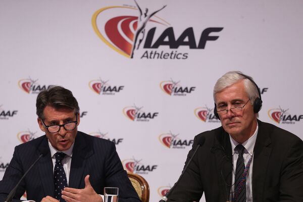 Президент Международной ассоциации легкоатлетических федерации (IAAF) Себастьян Коу и глава инспекционной комиссии IAAF по контролю за действиями Всероссийской федерации легкой атлетики Руне Андерсен на пресс конференции по итогам заседания Совета IAAF Президент Международной ассоциации легкоатлетических федерации (IAAF) Себастьян Коу и глава инспекционной комиссии IAAF по контролю за действиями Всероссийской федерации легкой атлетики Руне Андерсен на пресс конференции по итогам заседания Совета IAAF