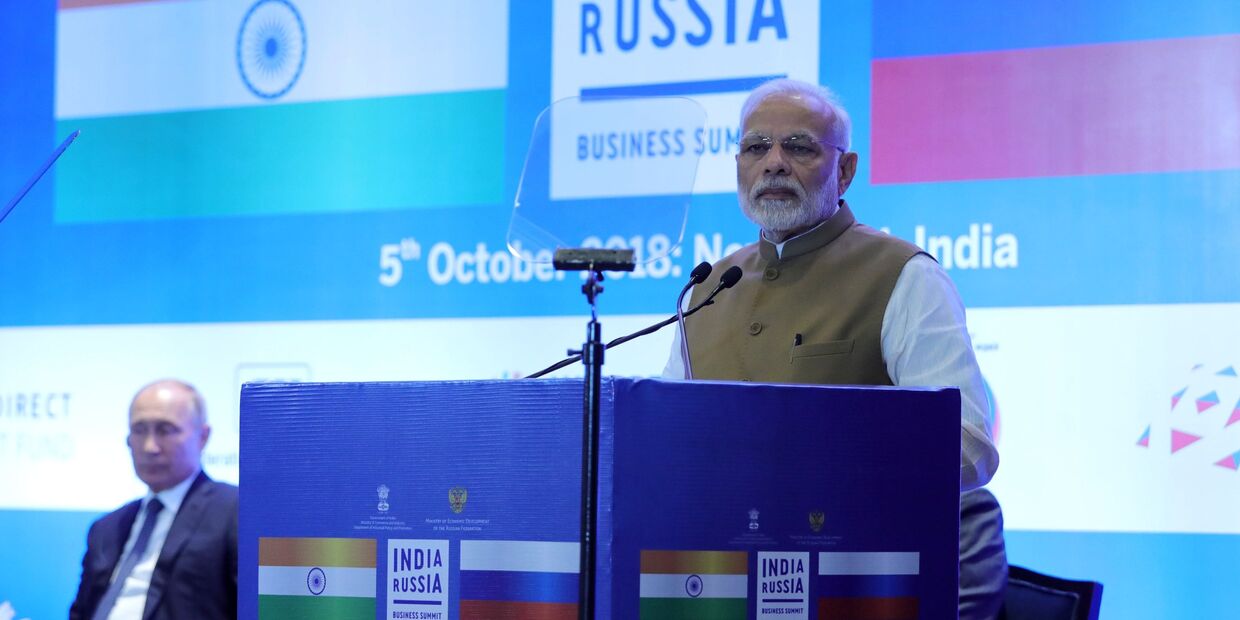 Премьер-министр Индии Нарендра Моди выступает на закрытии Российско-Индийского делового форума в Нью-Дели. 5 октября 2018