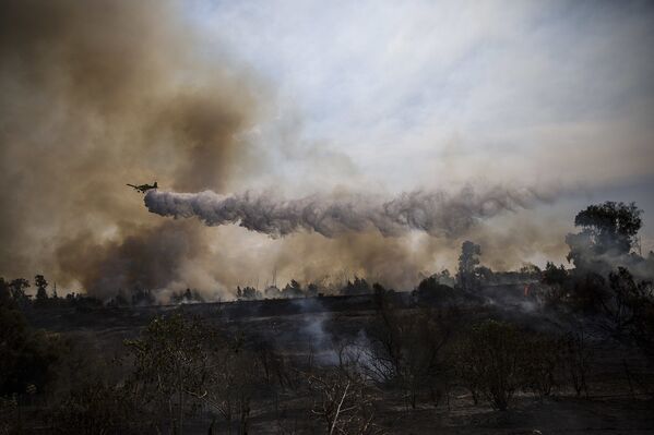Пожарный самолет тушит пожар в природном заповеднике Кармия на границе Израиля и сектора Газы