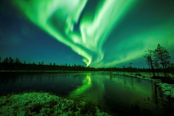 Северное сияние над небом вблизи Рованиеми в Лапландии, Финляндия