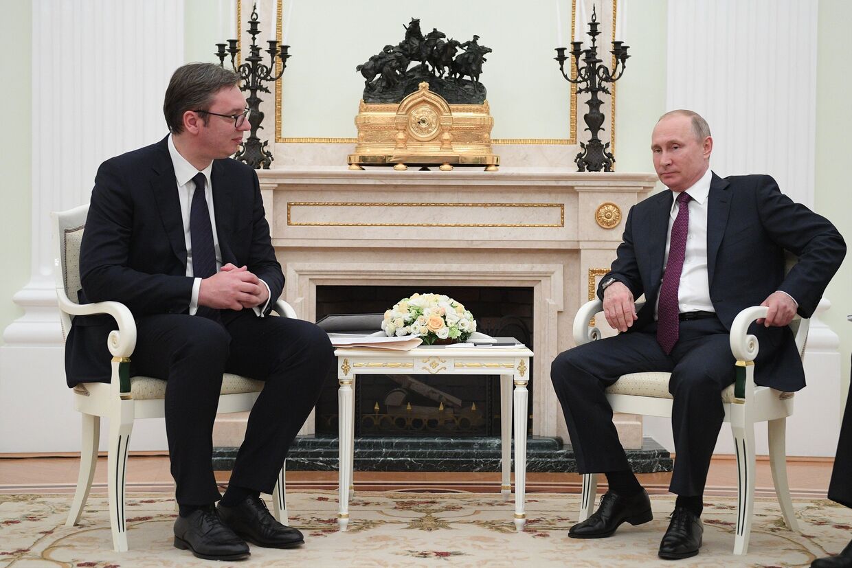 Президент РФ Владимир Путин и президент республики Сербии Александр Вучич во время встречи. 8 мая 2018