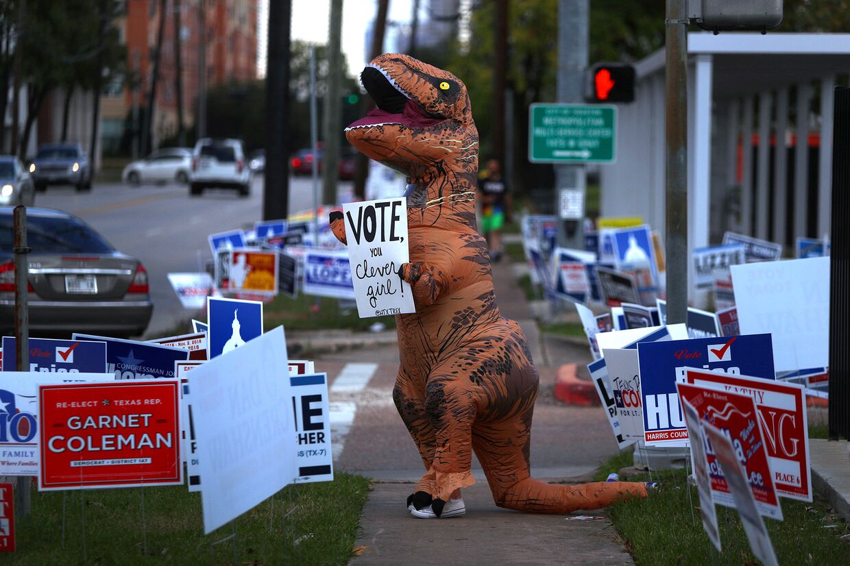 Человек в костюме динозавра призывает людей голосовать на промежуточных выборах в Хьюстоне, штат Техас