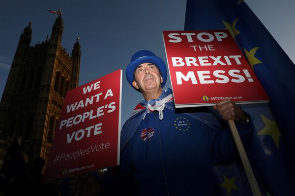 Противник выхода Великобритании из ЕС во время акции протеста у здания парламента в Лондоне