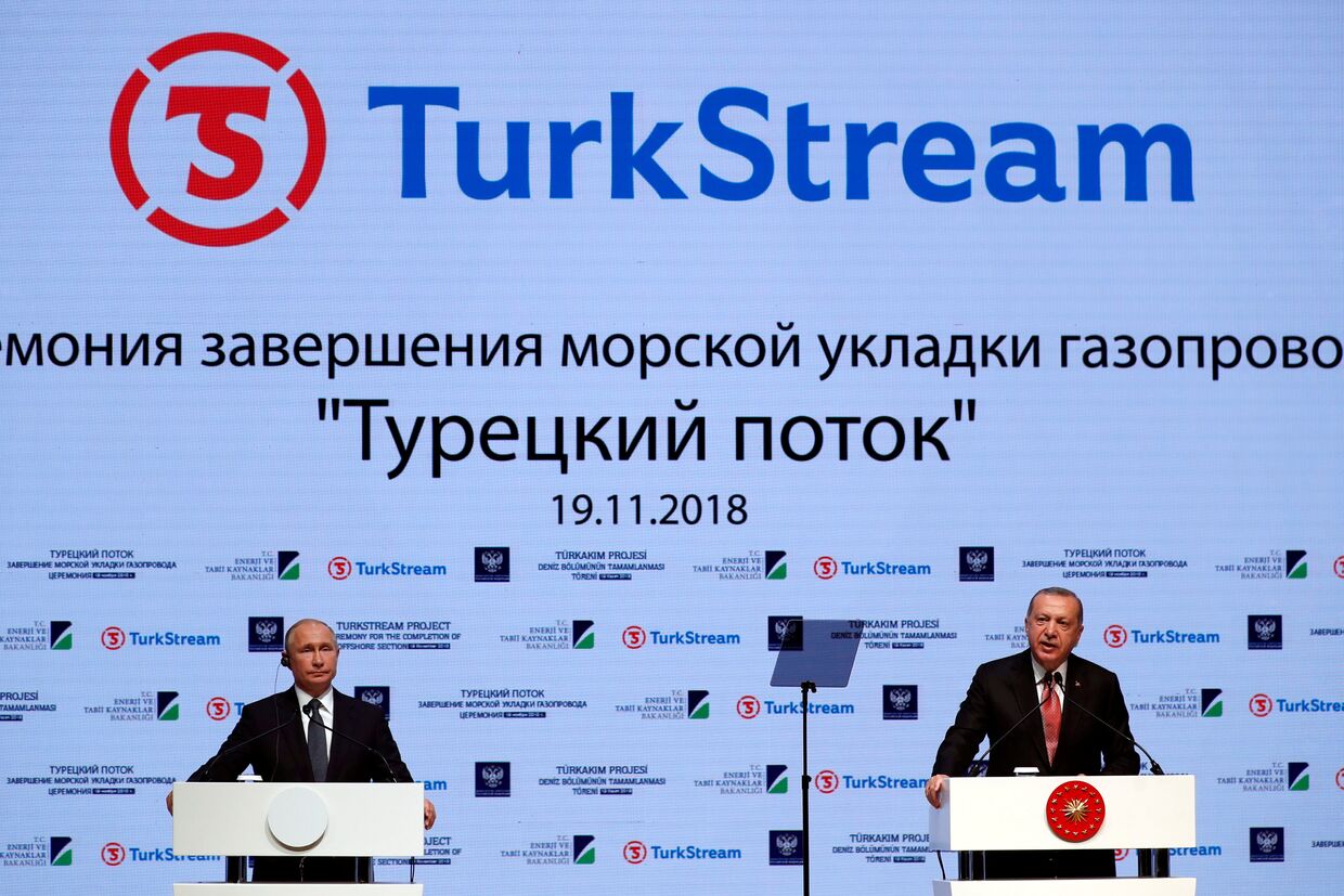 Президент России Владимир Путин и президент Турции Реджеп Тайип Эрдоган на церемонии, посвященной завершению строительства морской части газопровода TurkStream