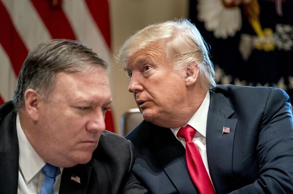 Президент США Дональд Трамп и госсекретарь Майк Помпео во время заседания в Белом доме в Вашингтоне Президент США Дональд Трамп и госсекретарь Майк Помпео во время заседания в Белом доме в Вашингтоне