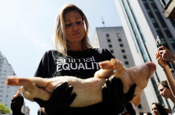 Активисты во время митинга против жестокого обращения с животными в Сан-Паулу