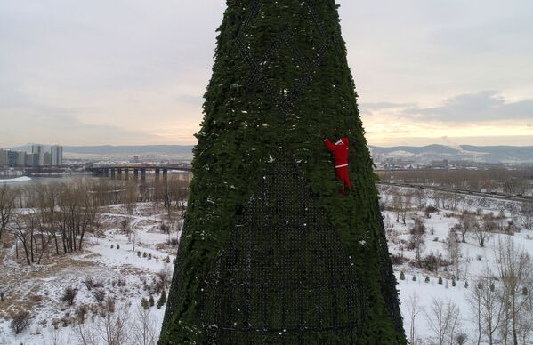 Альпинист в костюме Деда Мороза украшает 57-метровую елку в Красноярске