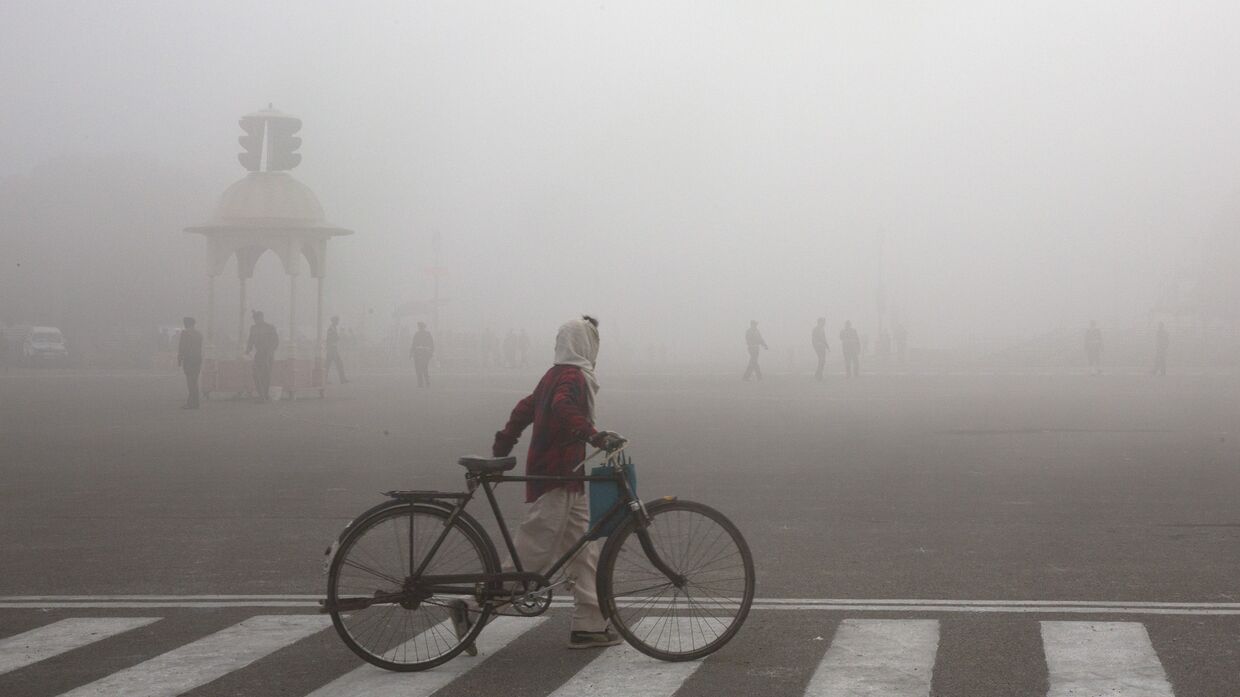 Велосипедист во время утреннего смога в Нью-Дели, Индия