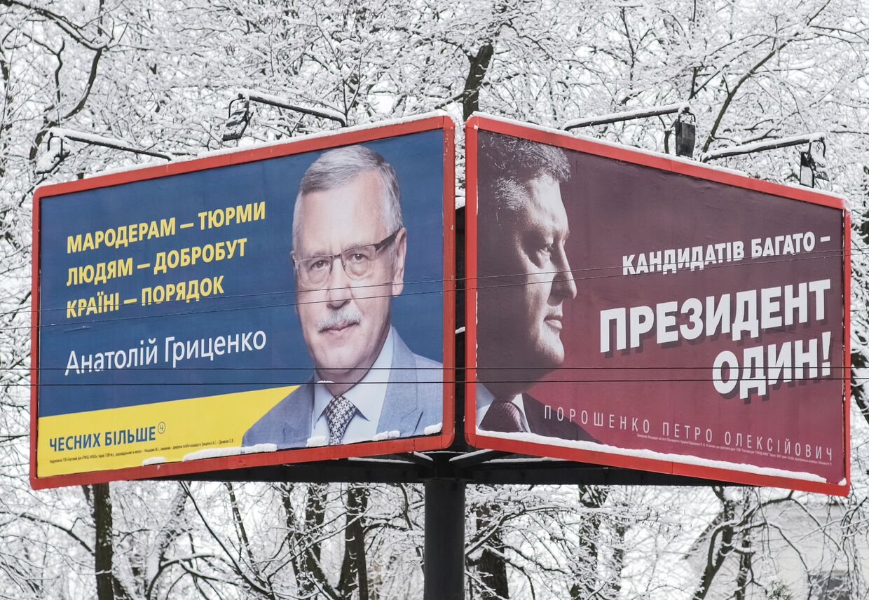 Предвыборные плакаты президента Украины Петра Порошенко и бывшего министра обороны Украины Анатолия Гриценко