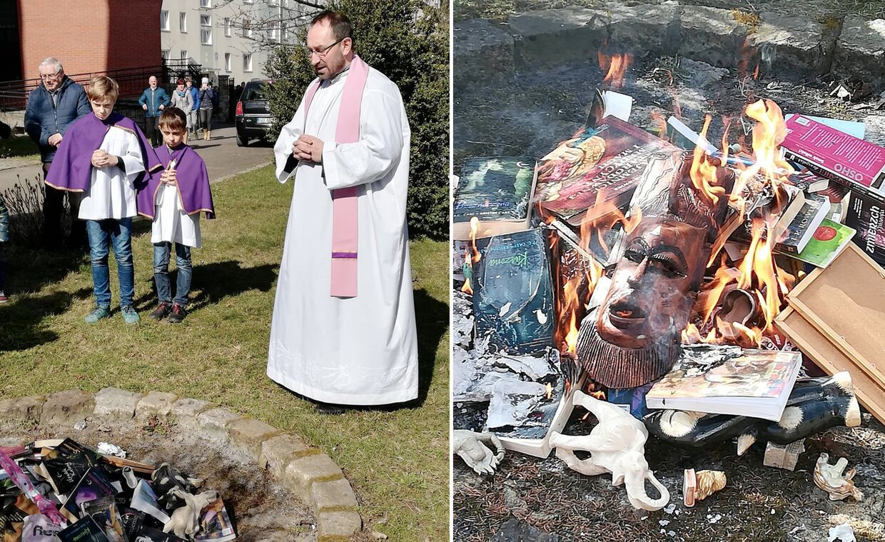 Священники из польского фонда СМС с неба сжигают книги