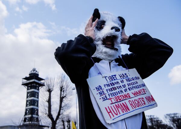 Протесты против пандовой дипломатии Китая в Копенгагене, Дания. Активист в костюме панды заявляет, что Китай нарушает права человека
