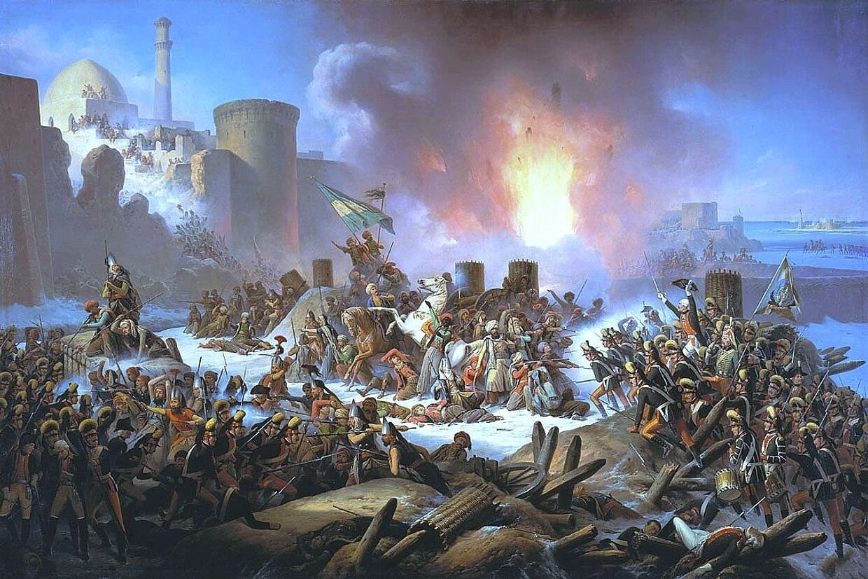Османские войска отчаянно пытаются остановить продвигающихся русских во время штурма Очакова в 1788 году