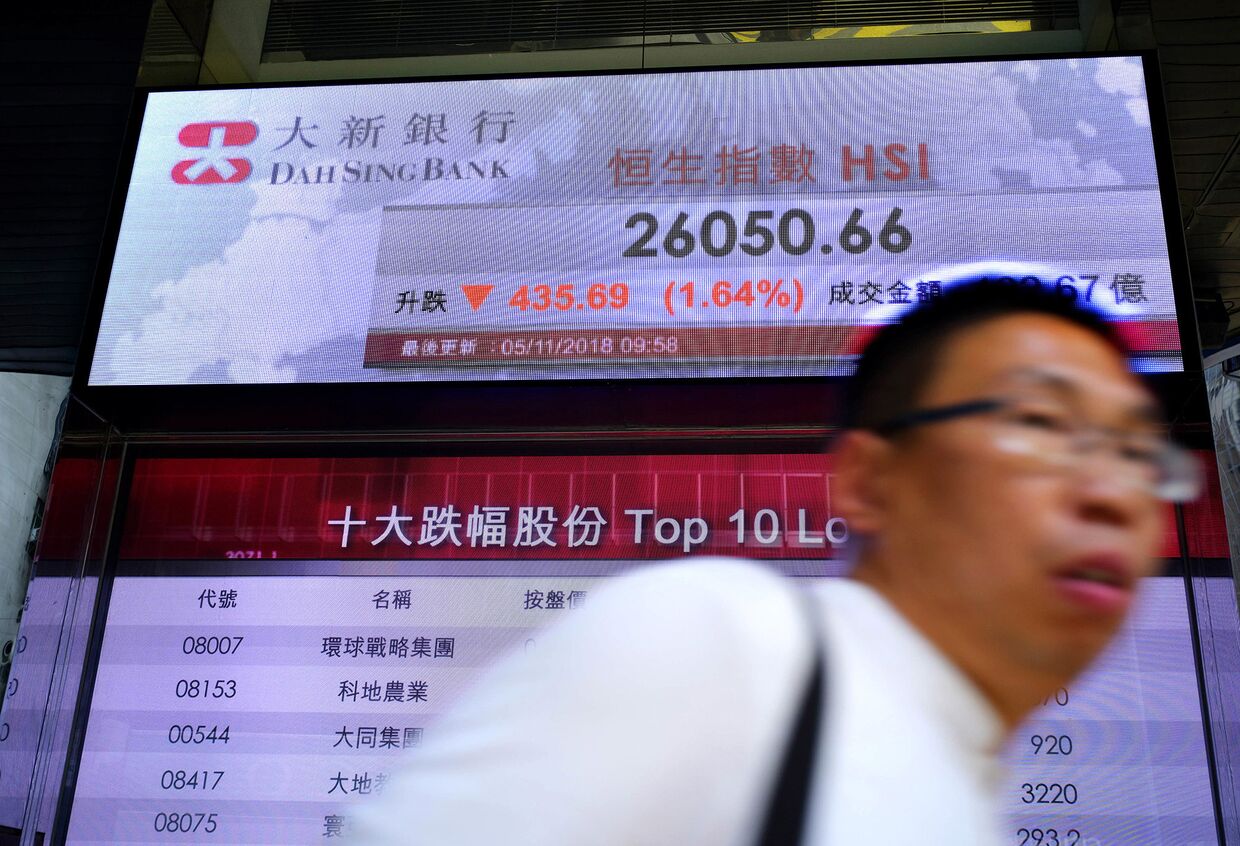 Прохожий идет мимо электронного табло, показывающего гонконгский индекс акций в Гонконге