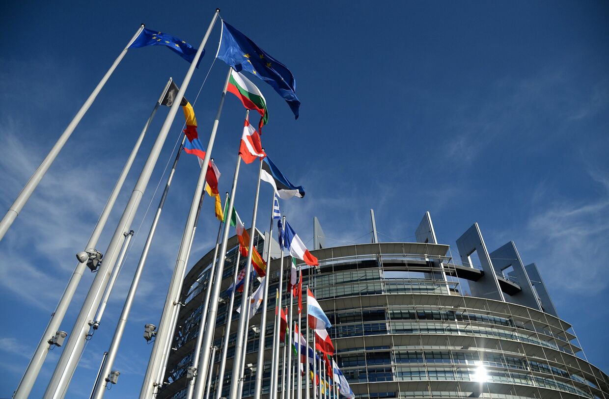 Флаги возле Дворца Европы в Страсбурге