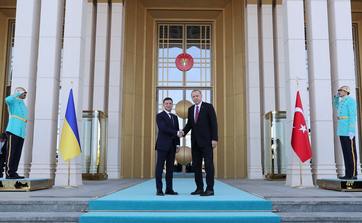 Президент Турции Реджеп Тайип Эрдоган и президент Украины Владимир Зеленский во время встречи в Анкаре
