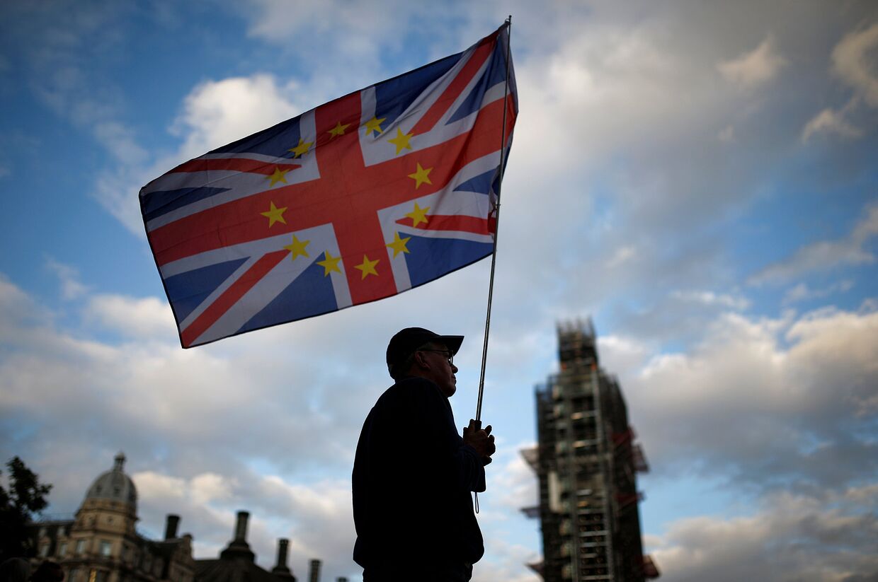 Протестующий против Brexit у здания парламента в Лондоне, Великобритания