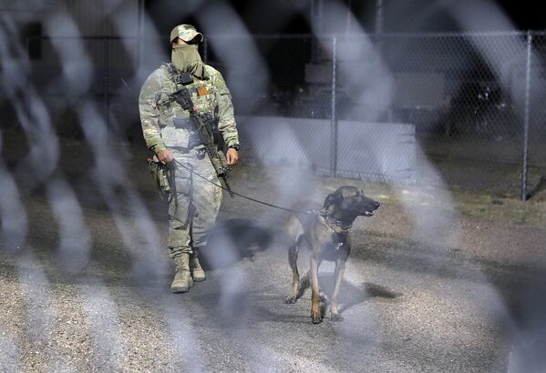 Военный с собакой патрулирует территорию военной базы