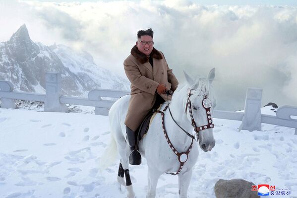 Лидер Северной Кореи Ким Чен Ын на лошади во время снегопада на горе Пэкту