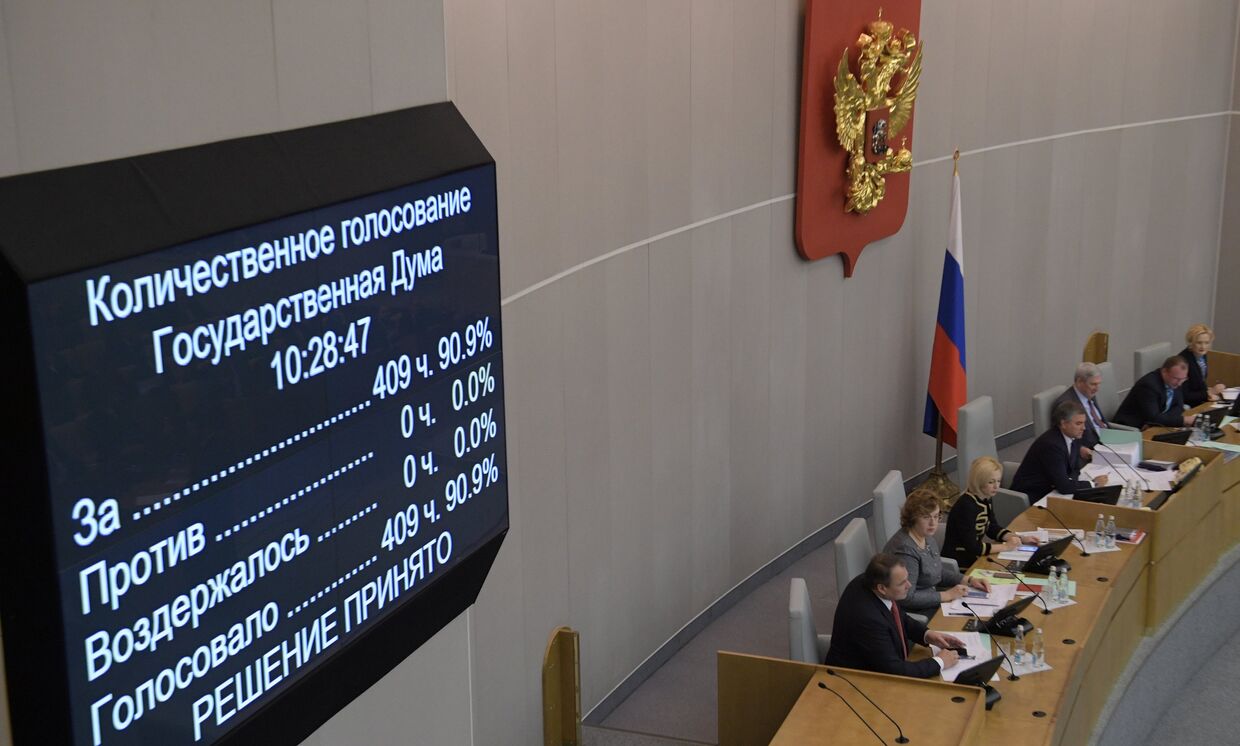 Информационное табло о количественном голосовании на пленарном заседании Государственной Думы РФ