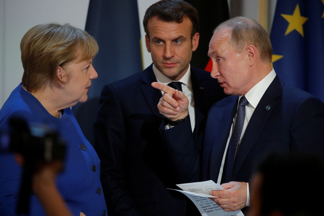10 декабря 2019. Ангела Меркель, Эммануэль Макрон и Владимир Путин на саммите в Париже