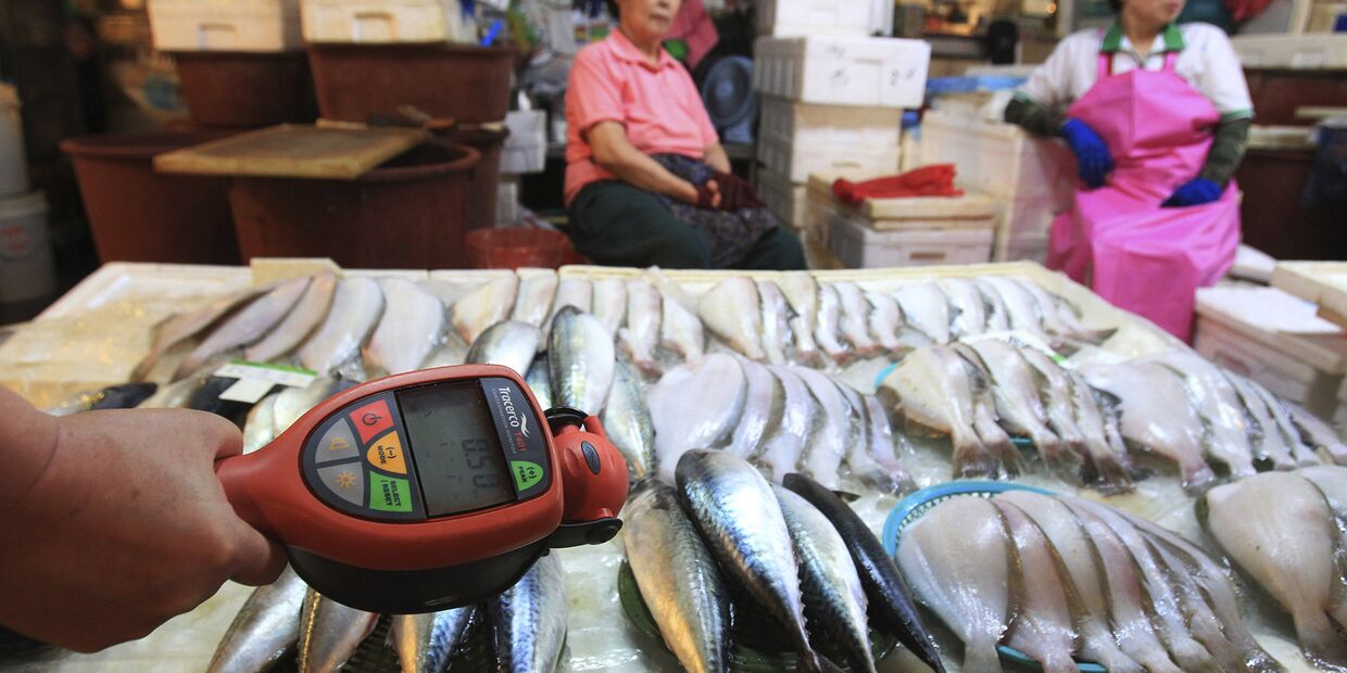 Проверка радиактивного загрязнения с помощью счетчика Гейгера на рыбном рынке в Сеуле, Южная Корея