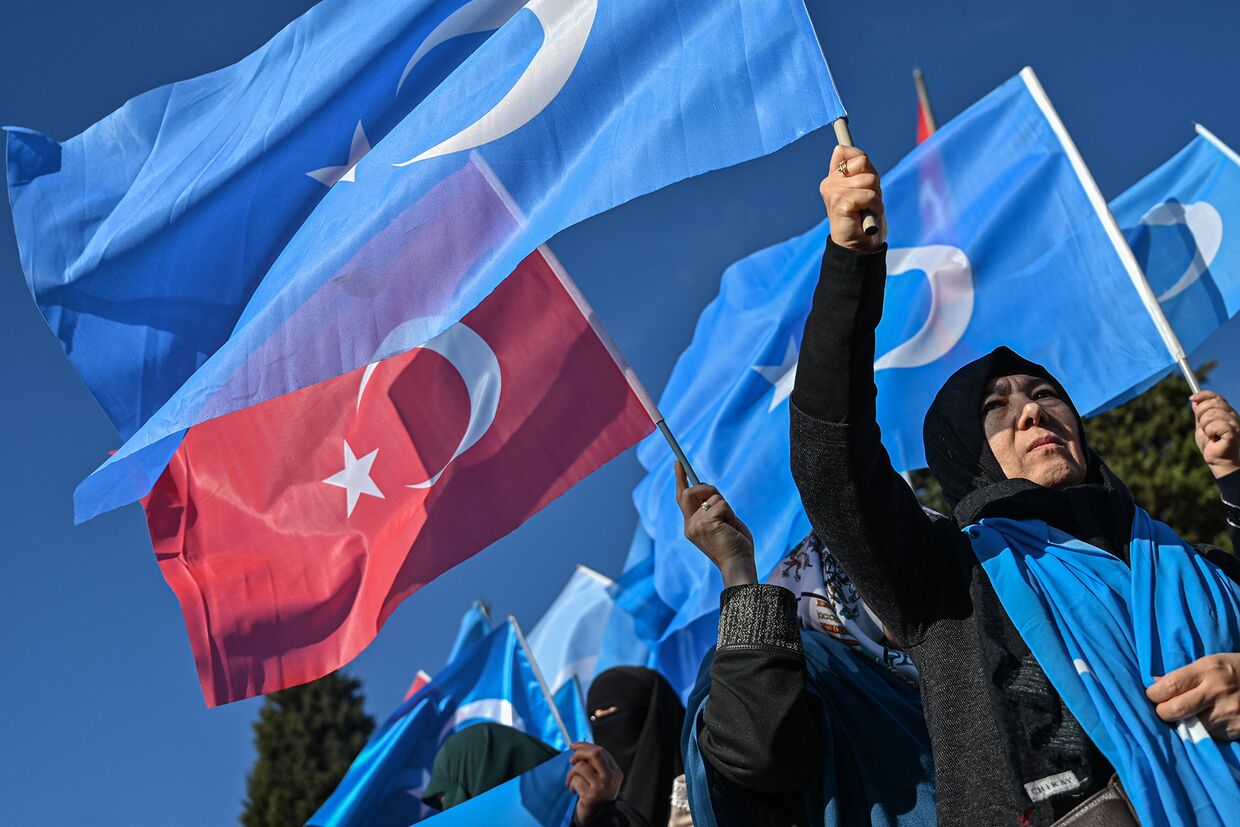 Сторонники уйгуров во время демонстрации в Стамбуле, Турция.