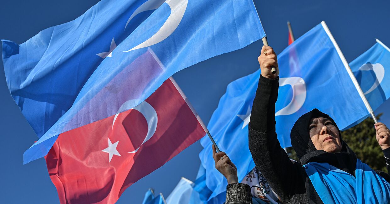 Сторонники уйгуров во время демонстрации в Стамбуле, Турция.