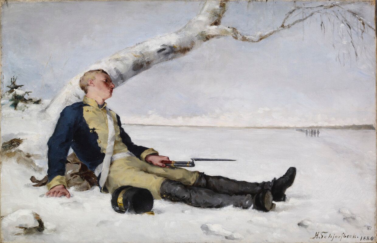 Раненый шведский солдат на снегу, Хелена Шерфбэк, 1880