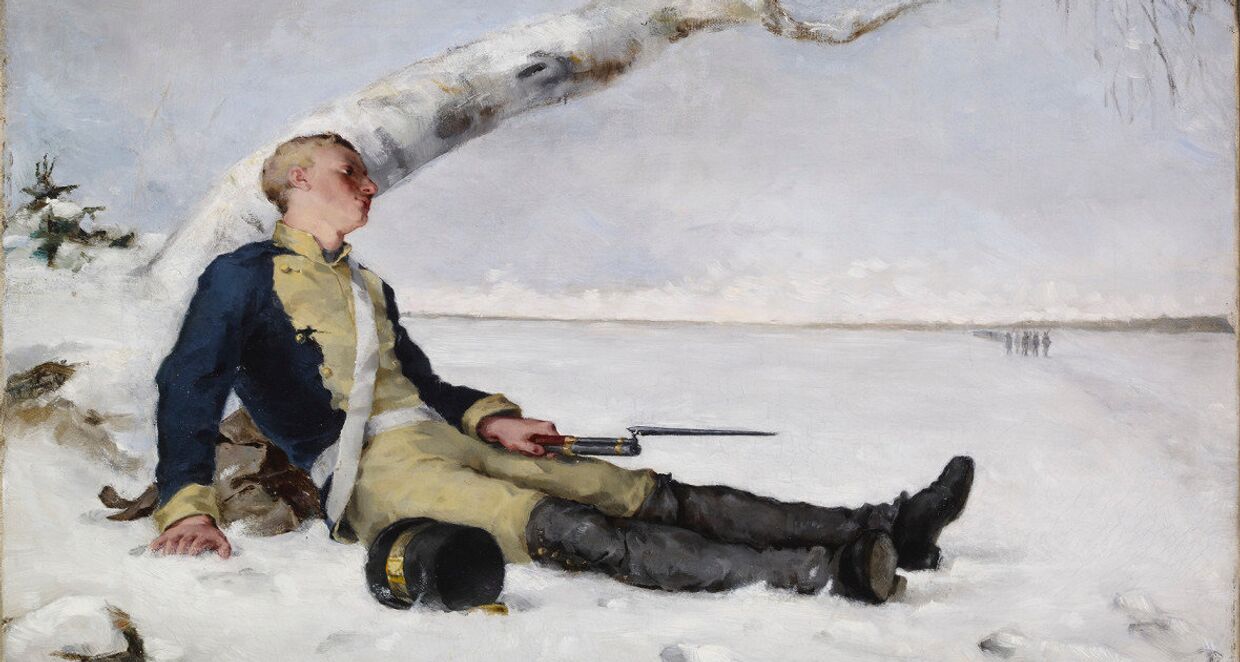 Раненый шведский солдат на снегу, Хелена Шерфбэк, 1880