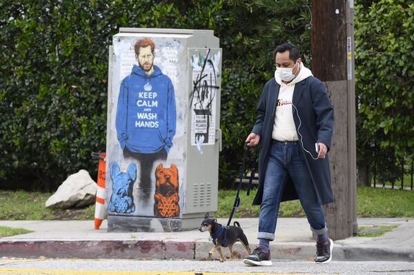 Граффити, изображающее принца Гарри с надписью на толстовке сохраняйте спокойствие и мойте руки в Лос-Анджелесе