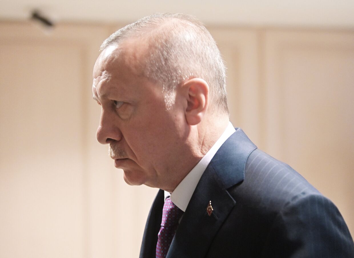 Президент Турции Реджеп Тайип Эрдоган перед началом встречи с президентом РФ Владимиром Путиным 8 января 2020