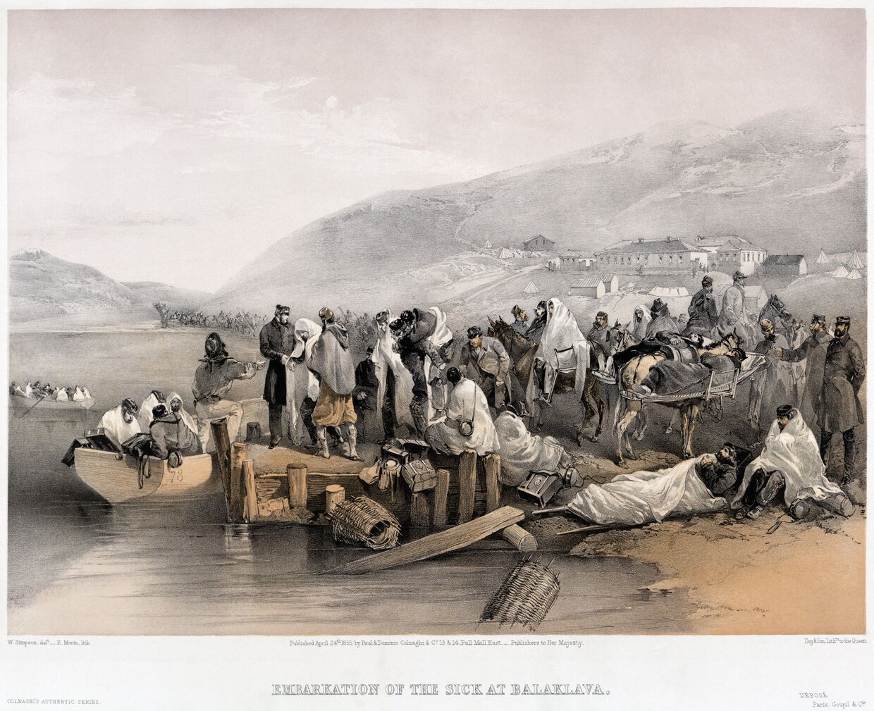 Раненые в Балаклаве. Раскрашенная литография Уильяма Симпсона, 1855