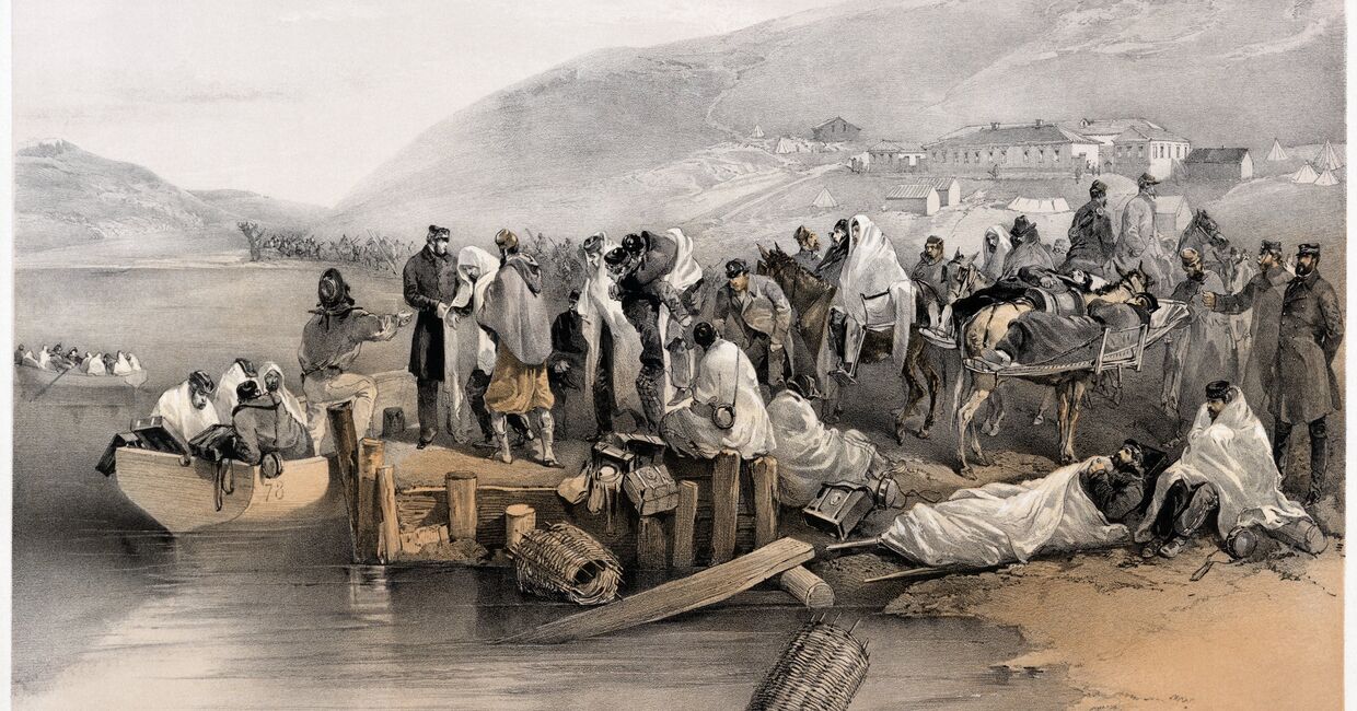 Раненые в Балаклаве. Раскрашенная литография Уильяма Симпсона, 1855