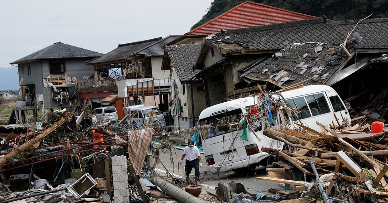 Последствия наводнения в Кумамуре, префектура Кумамото, Япония