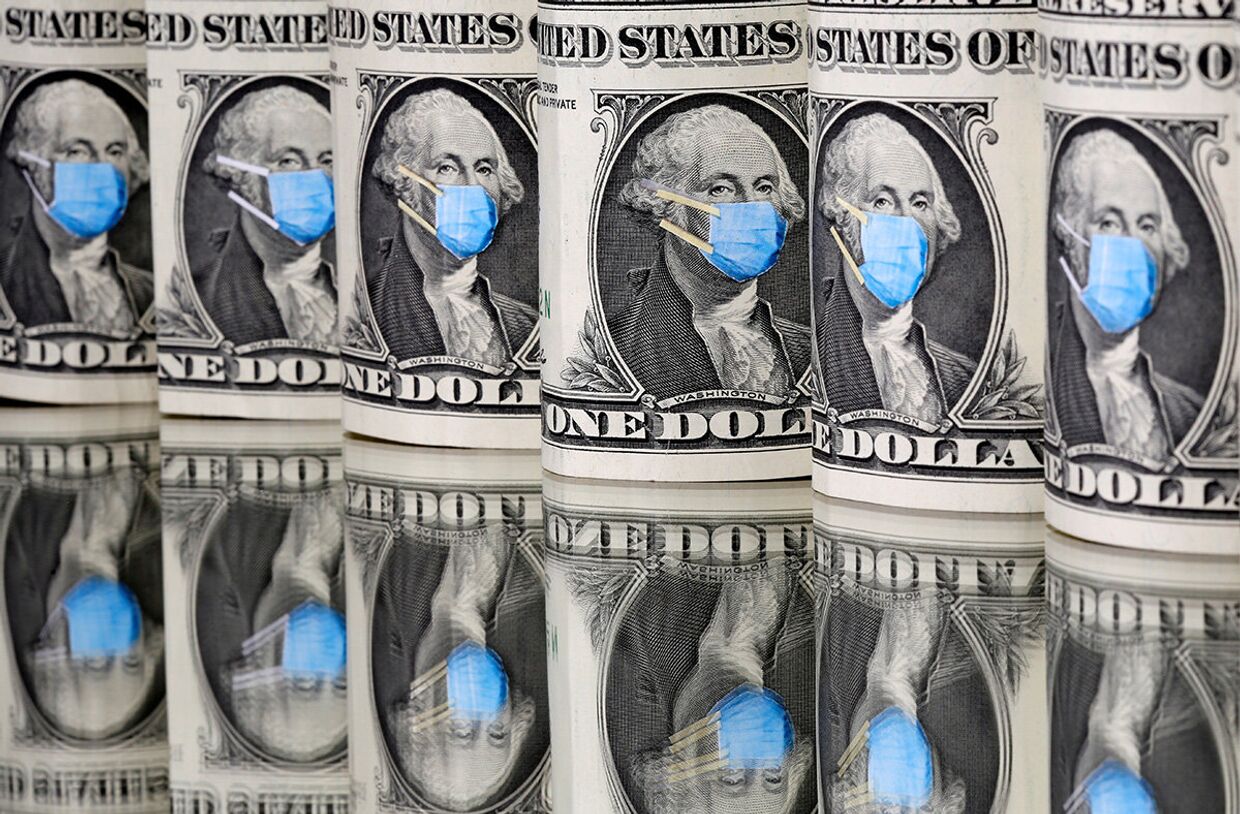 Портреты Джорджа Вашингтона в медицинских масках на однодолларовых банкнотах