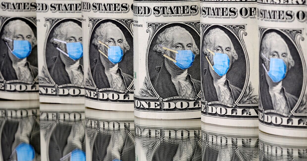 Портреты Джорджа Вашингтона в медицинских масках на однодолларовых банкнотах