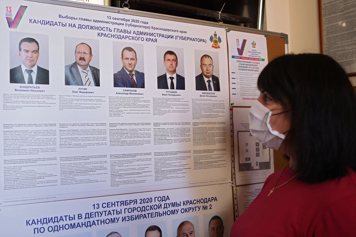 Женщина около информационного стенда во время досрочного голосования на выборах губернатора Краснодарского края