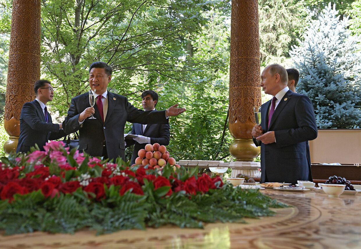 Президент РФ Владимир Путин и председатель КНР Си Цзиньпин в Душанбе