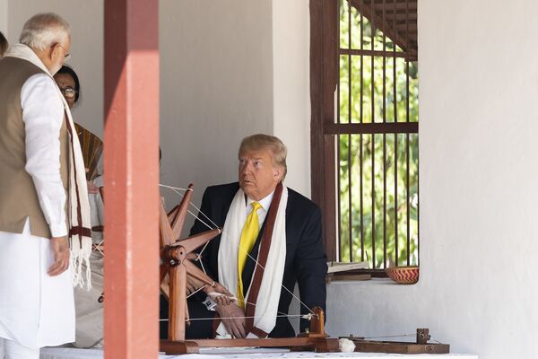 President Donald J. Trump views Mohandas Gandhi’s spinning wheel during a tour of his home Monday, Feb. 24, 2020, in Ahmedabad, India, where Gandhi lived for 13 years of his life.