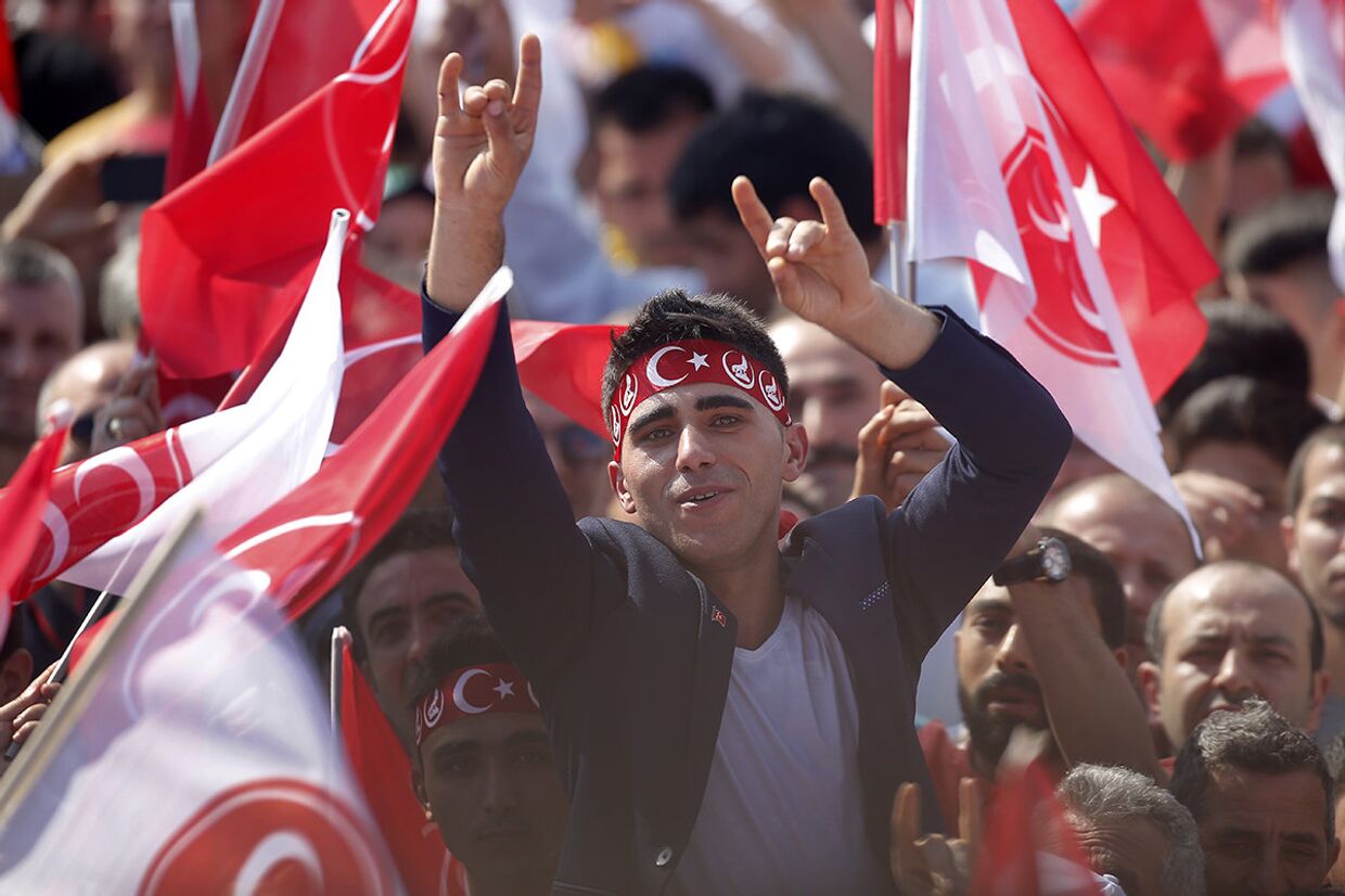 Сторонники турецкой националистической организации «Серые волки» на митинге в Стамбуле, Турция
