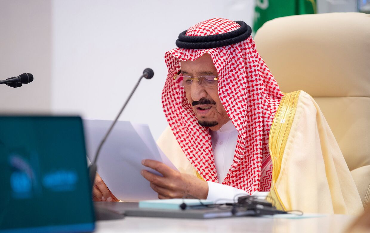 Король Саудовской Аравии Салман ибн Абдель Азиз Аль Сауд выступает на саммите G20