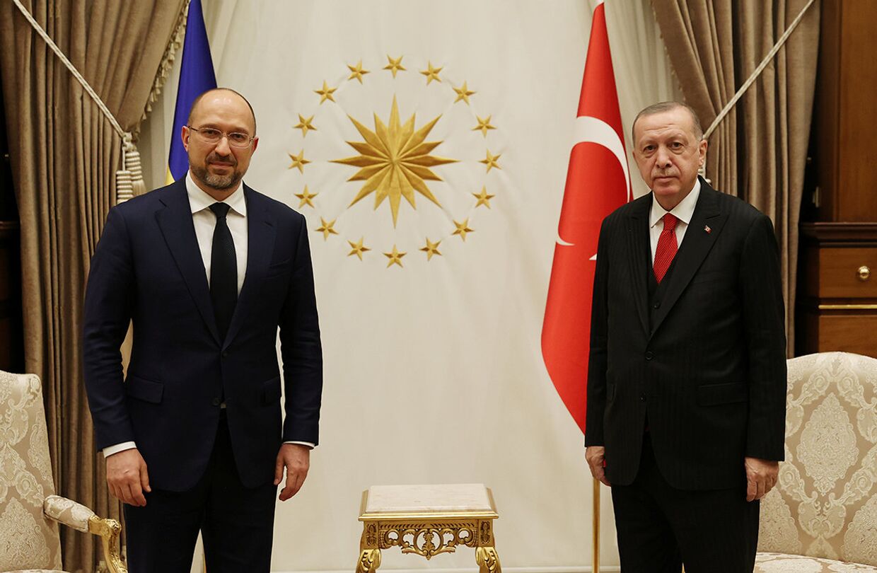 Президент Турции Тайип Эрдоган и премьер-министр Украины Денис Шмыгаль на встрече в Анкаре, Турция