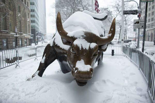 Заснеженная статуя «Атакующего быка» на Уолл-стрит в Нью-Йорке