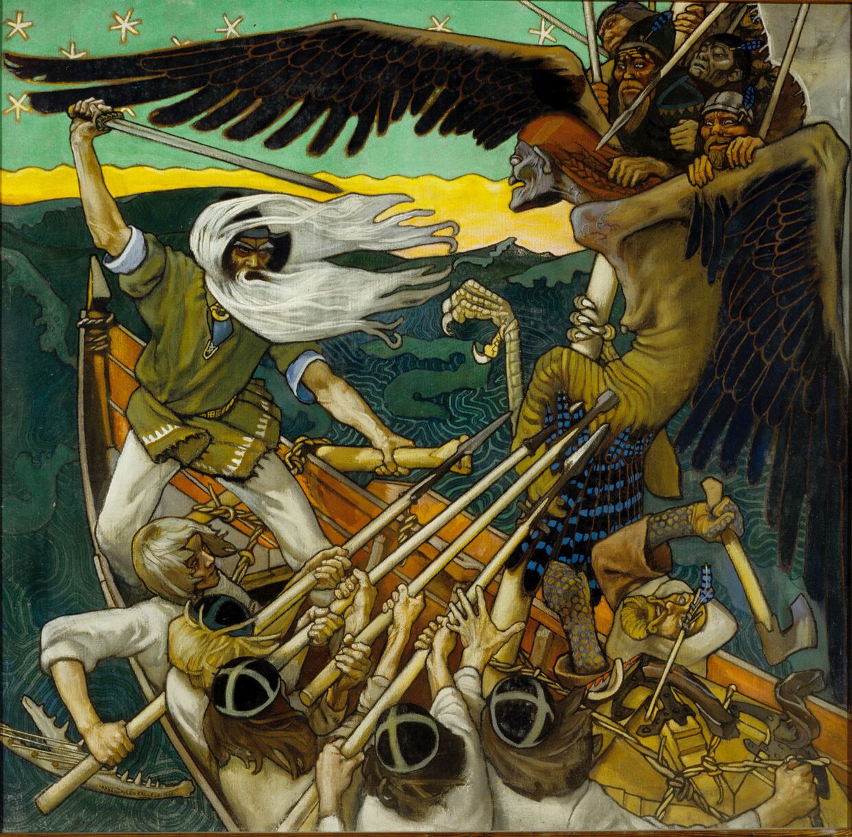 Хозяйка Севера Лоухи нападает на Вяйнямёйнена в виде гигантского орла. «Защита Сампо», Аксели Галлен-Каллела, 1896