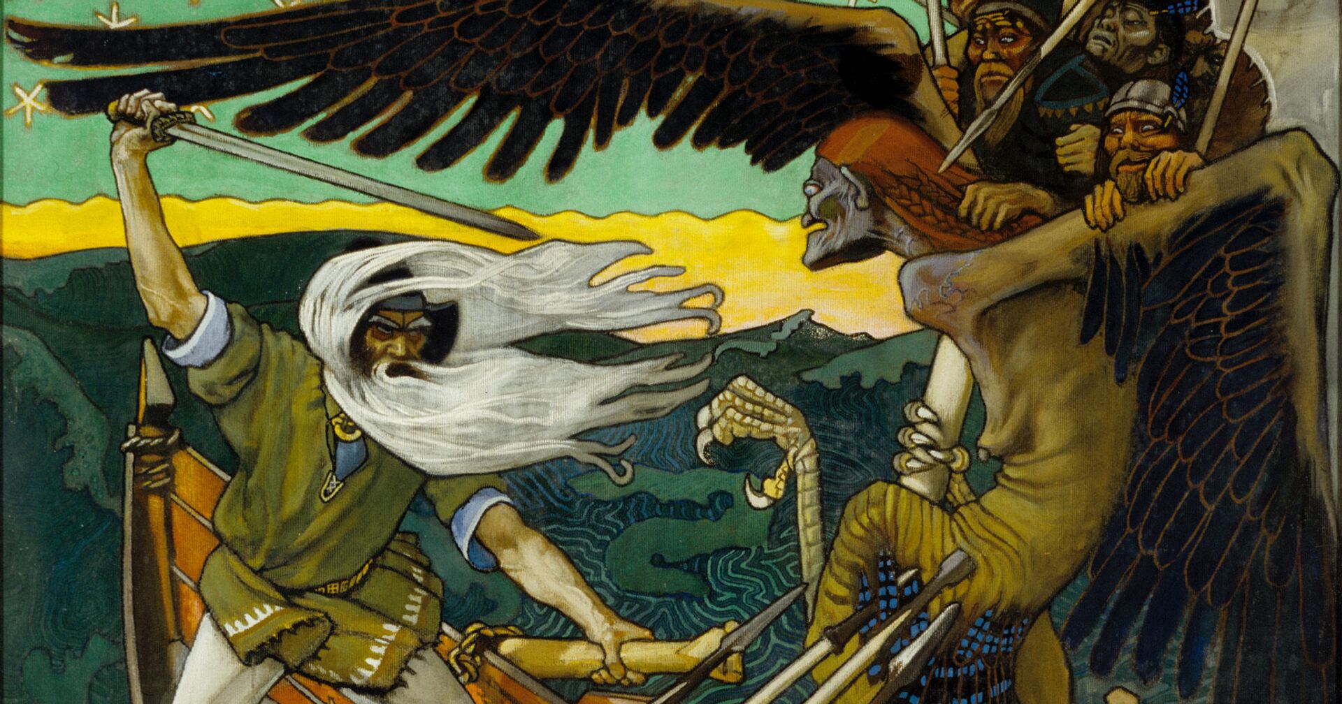Хозяйка Севера Лоухи нападает на Вяйнямёйнена в виде гигантского орла. «Защита Сампо», Аксели Галлен-Каллела, 1896 - ИноСМИ, 1920, 07.03.2021