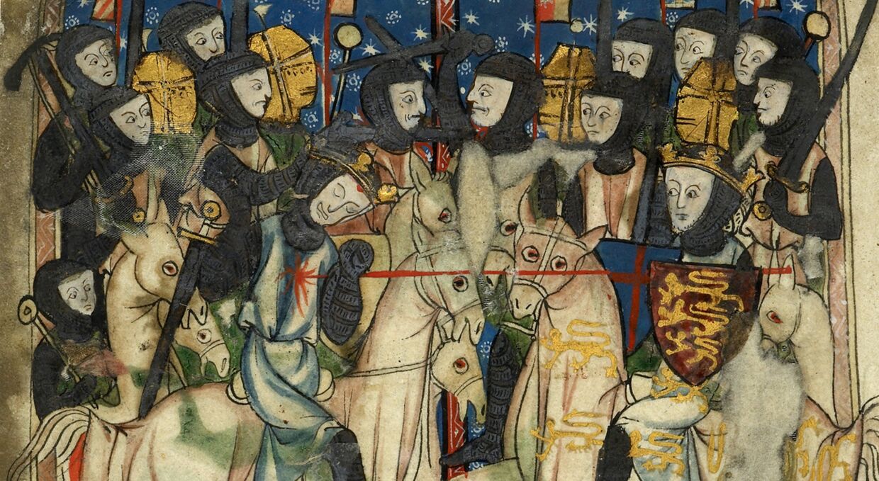 Вильгельм I Завоеватель наносит удар королю Англии Гарольду в битве при Гастингсе. XIII в.