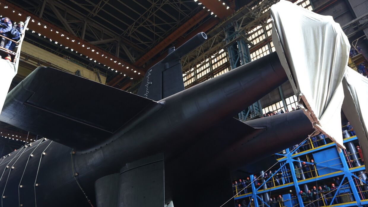 Спуск на воду атомной подводной лодки Белгород в Архангельской области