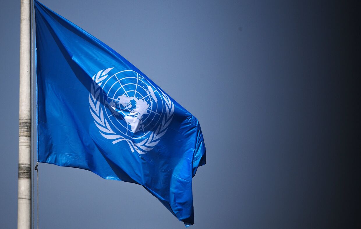 Флаг ООН на территории Дворца мира в Гааге
