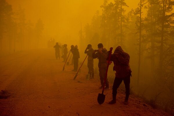 Россия. Добровольцы в районе лесного пожара возле села Кюёрелях